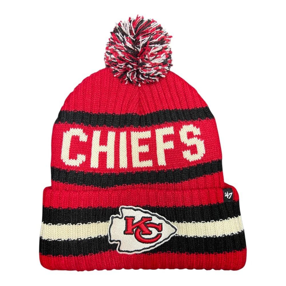 47 Brand Kansas City Chiefs NFL Red Striped Fleece Lined Pom Beanie Hat NEW